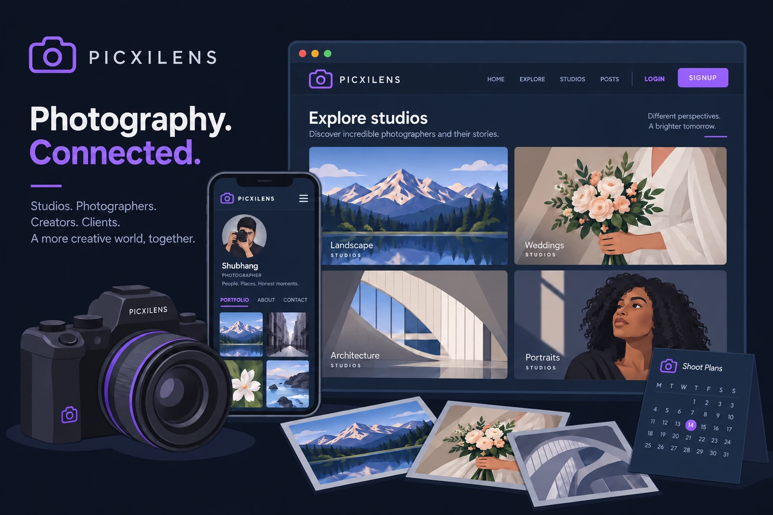 Illustration of Picxilens studio discovery, photographer portfolios and shoot planning