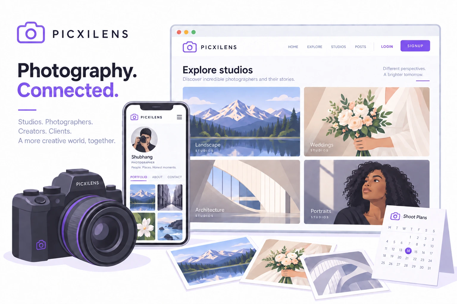 Illustration of Picxilens studio discovery, photographer portfolios and shoot planning