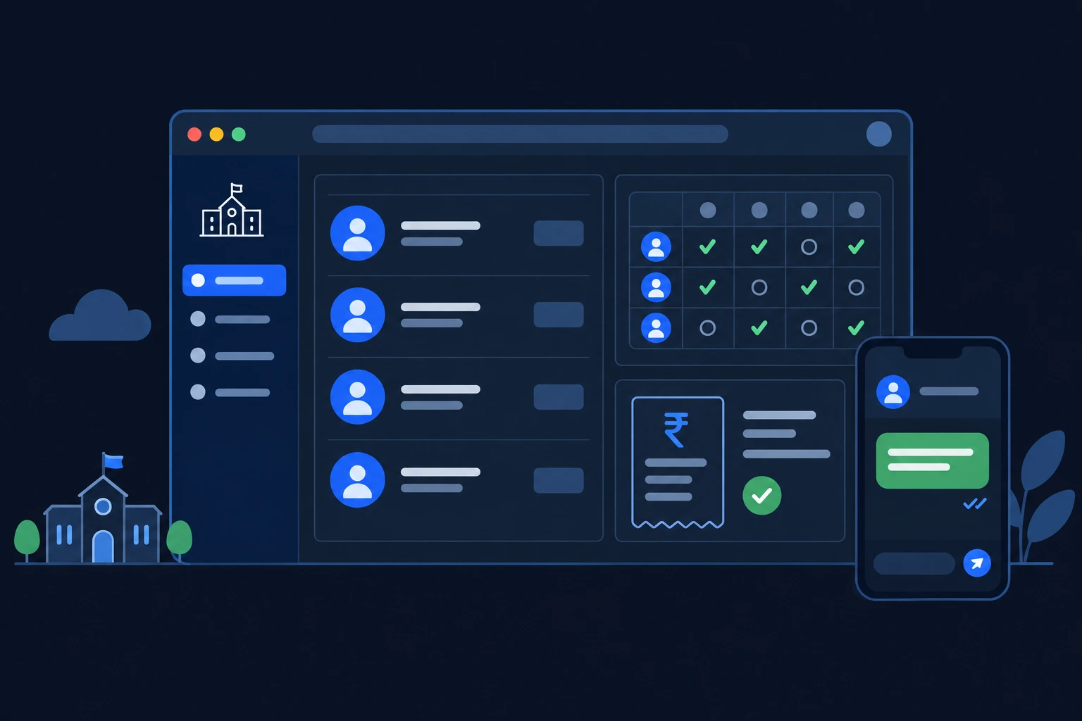 Illustration of School ERP admissions, attendance, fee receipts and parent messaging