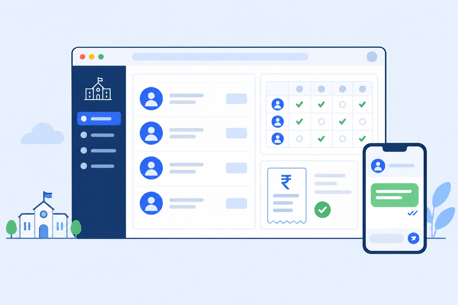 Illustration of School ERP admissions, attendance, fee receipts and parent messaging